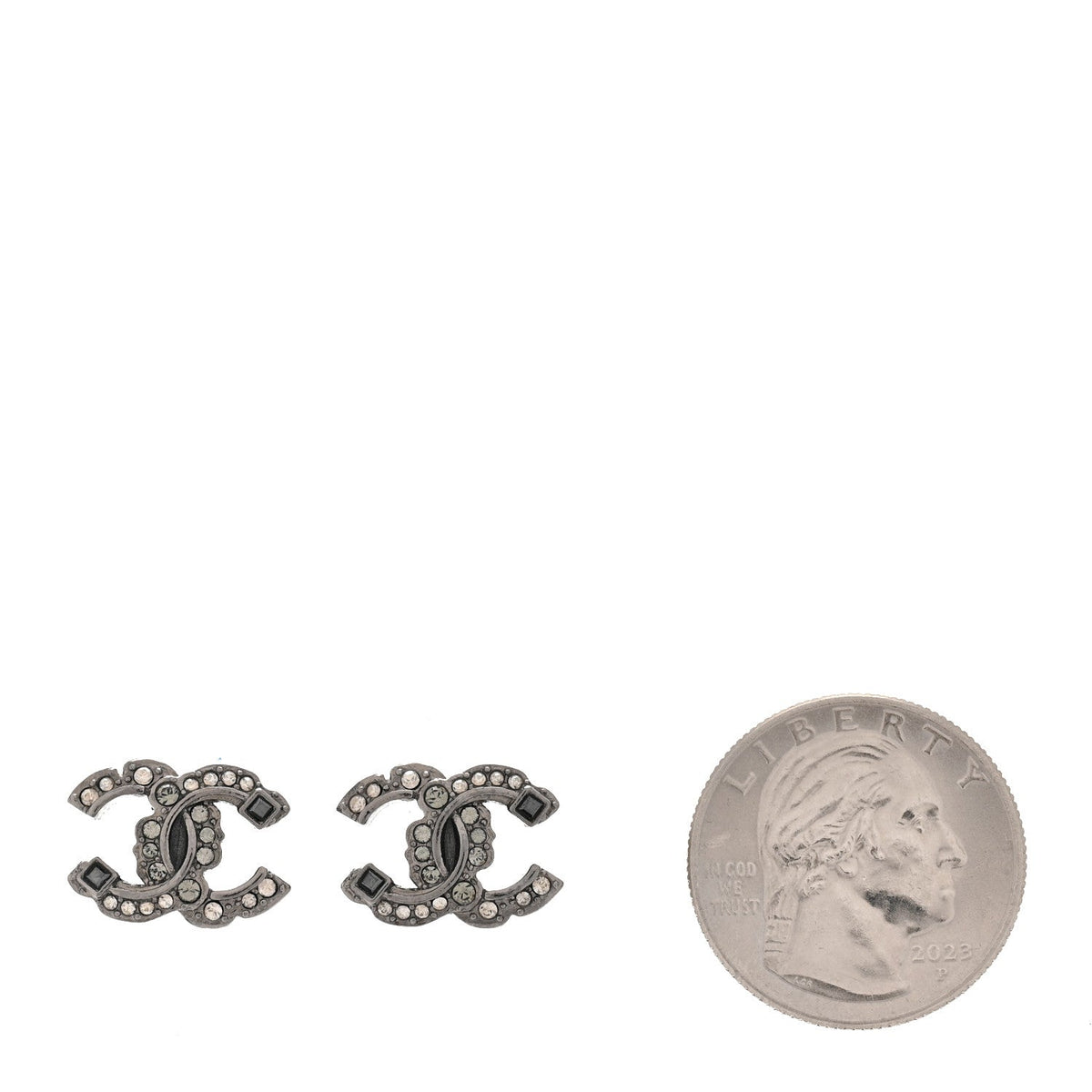 Chanel Baguette Crystal CC Earrings Silver Grey Black