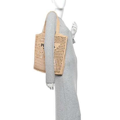 Prada Crochet Raffia Effect Logo Embroidered Tote Bag Naturale