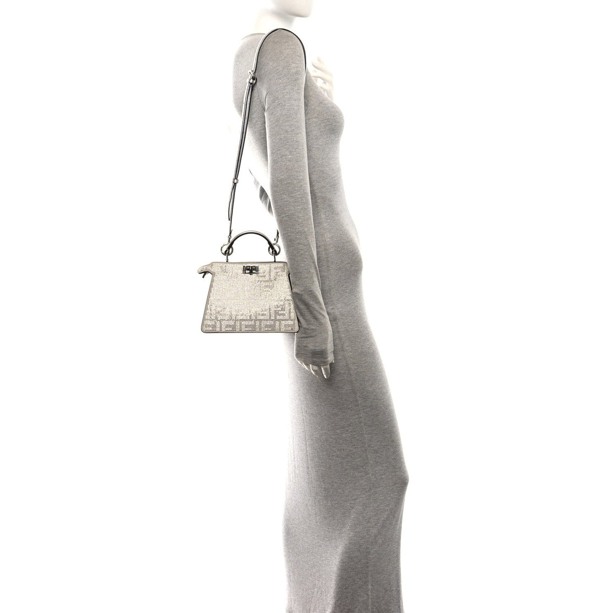 Fendi Crystal Vitello Laminato Petite Peekaboo I SEE U Satchel Argento