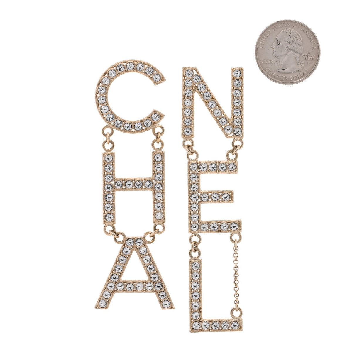 Chanel Crystal Cha-Nel Logo Drop Earrings Gold