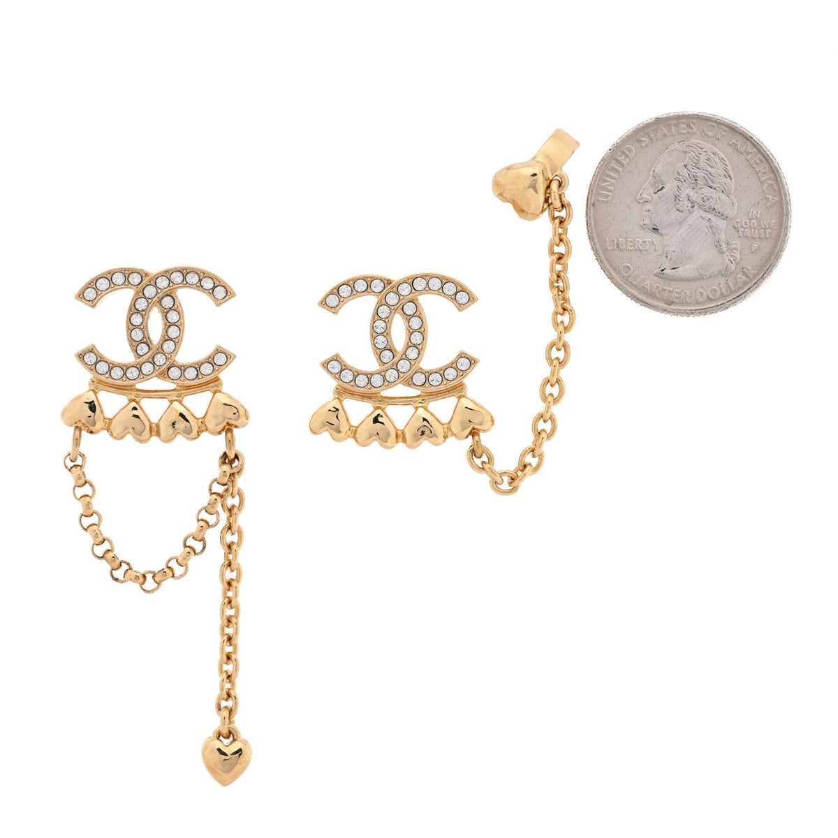 Chanel Metal Crystal CC Drop Heart Link Earrings Gold