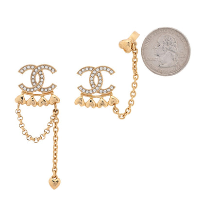 Chanel Metal Crystal CC Drop Heart Link Earrings Gold