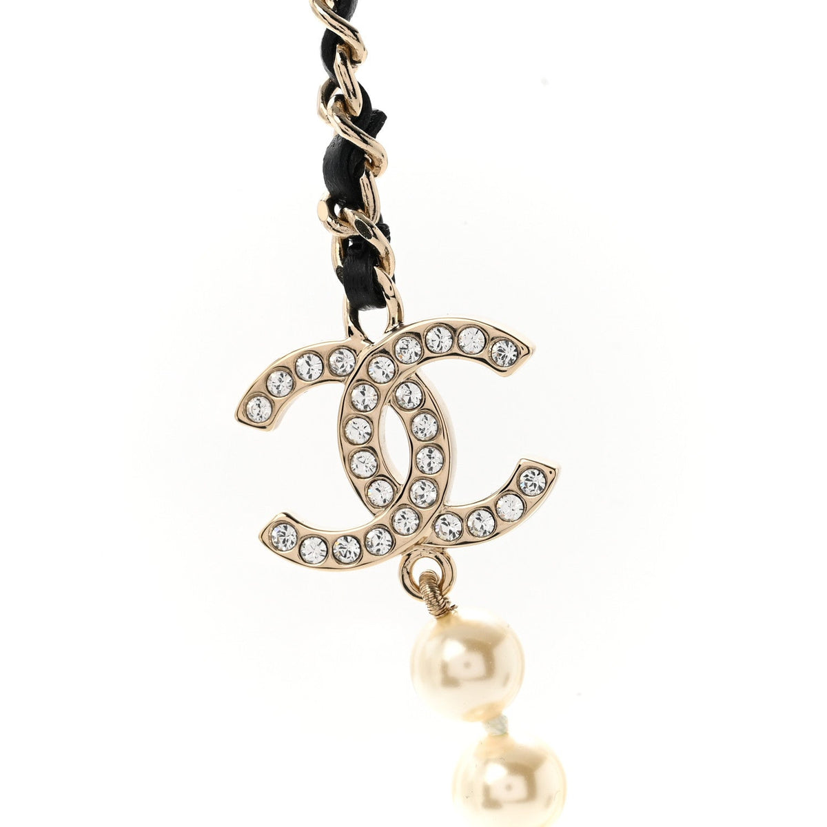 Chanel Lambskin Pearl Crystal CC Short Necklace Gold White Black