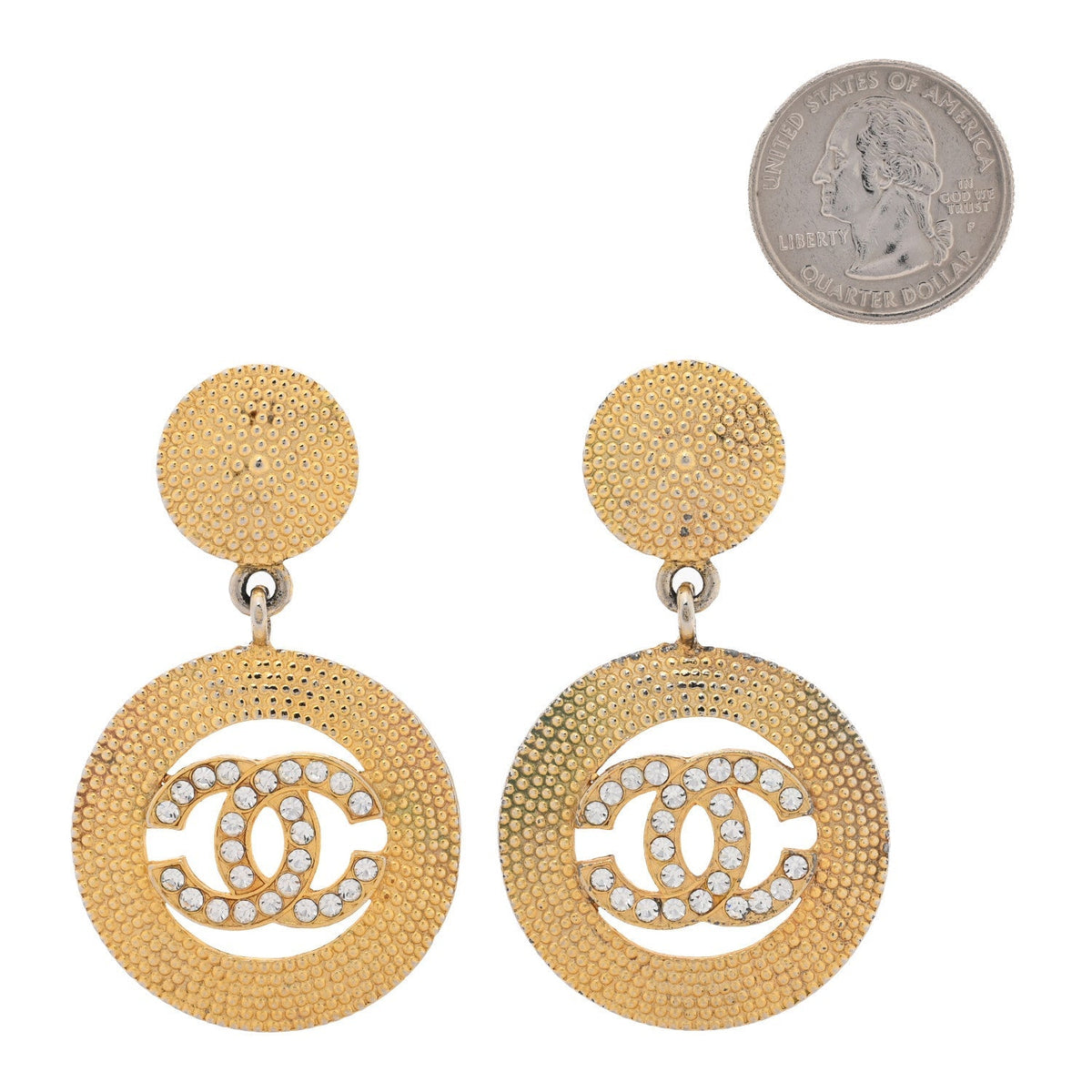 Chanel Crystal CC Coin Drop Clip On Earrings Gold