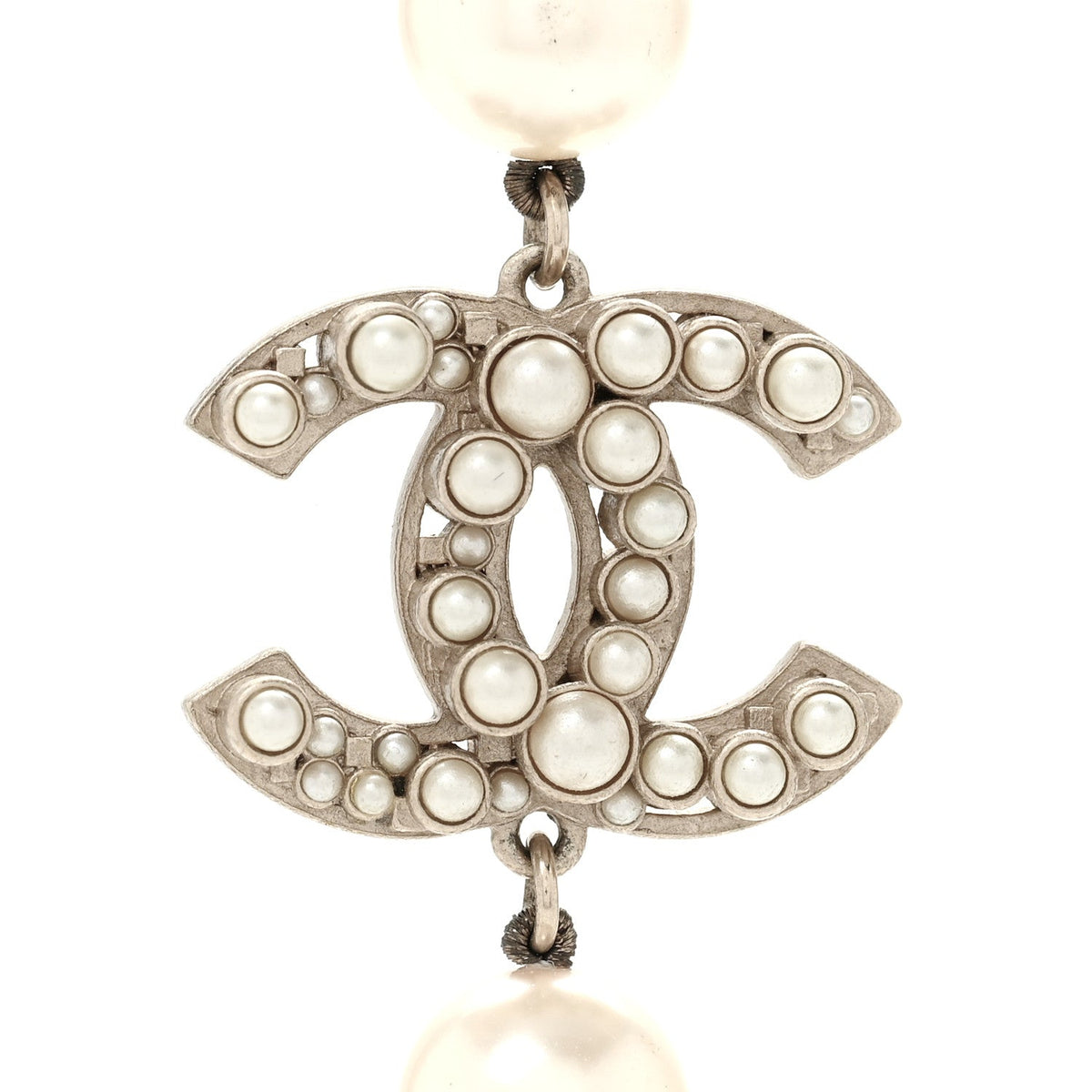 Chanel Gold Tone Crystal Faux Pearl CC Long Necklace