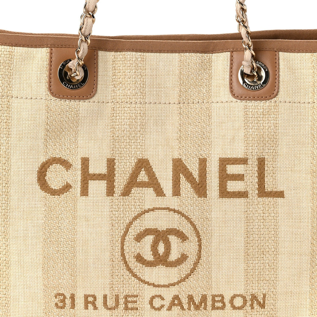 Chanel Mixed Fibers Calfskin Striped Small Deauville Tote Beige
