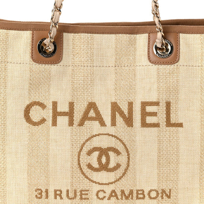 Chanel Mixed Fibers Calfskin Striped Small Deauville Tote Beige