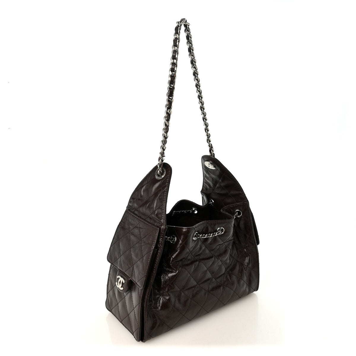 Chanel Shiny Crumpled Calfskin Quilted Small 25 Handbag Dark Brown