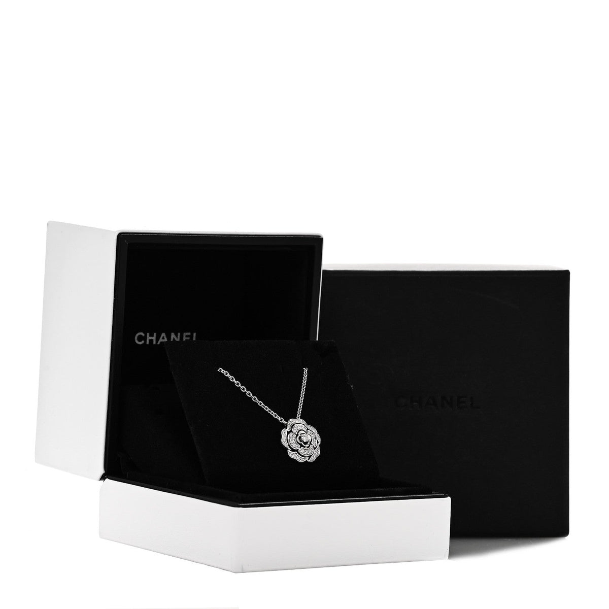 Chanel 18K White Gold Diamond Bouton de Camelia Pendant Necklace