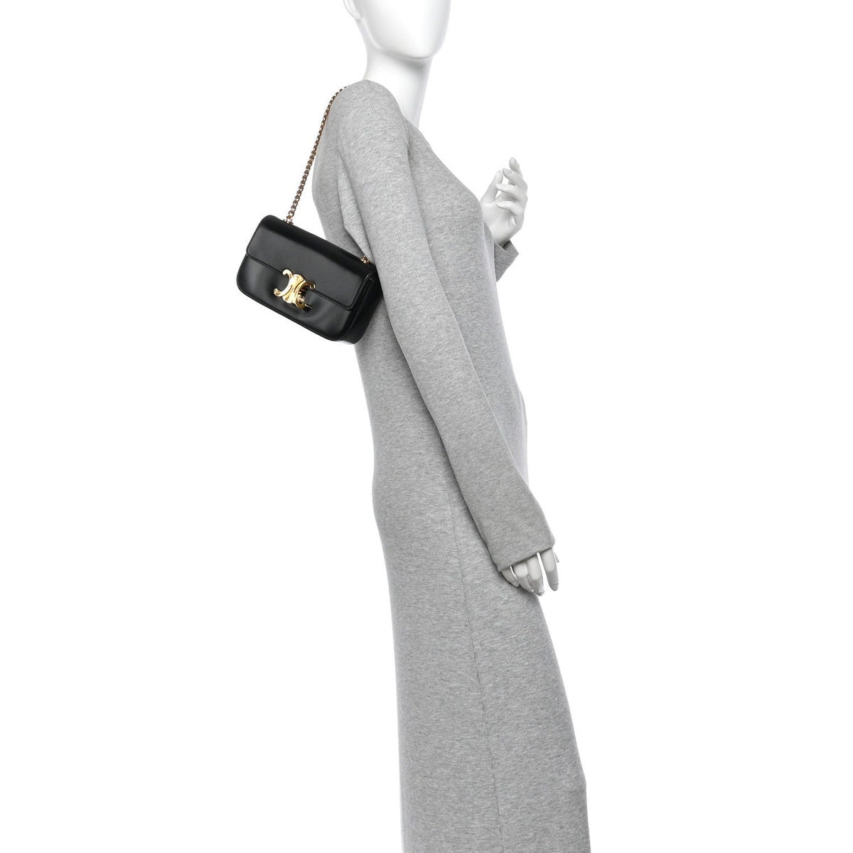 Celine Shiny Calfskin Triomphe Chain Shoulder Bag Black 1986036