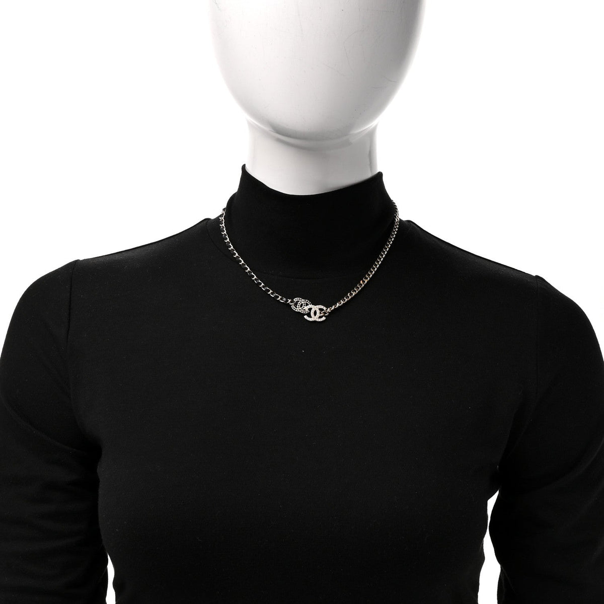 Chanel Metal Calfskin Crystal CC Short Necklace Black Gold