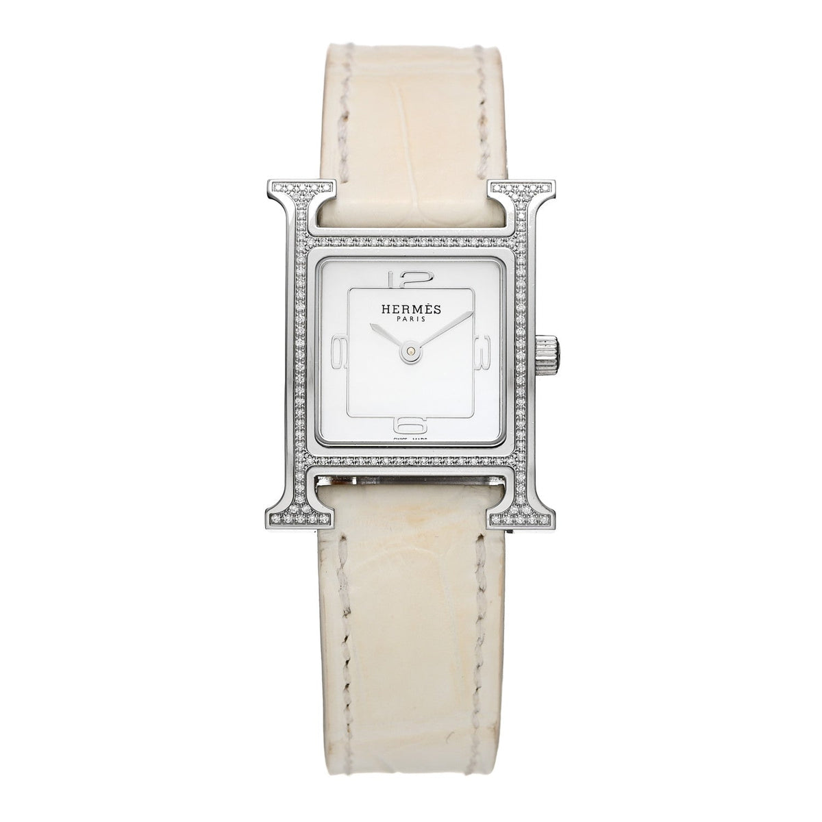 Hermès Stainless Steel Alligator Diamond 21mm Heure H Watch Blanc