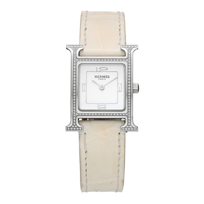Hermès Stainless Steel Alligator Diamond 21mm Heure H Watch Blanc