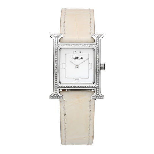 Hermès Stainless Steel Alligator Diamond 21mm Heure H Watch Blanc