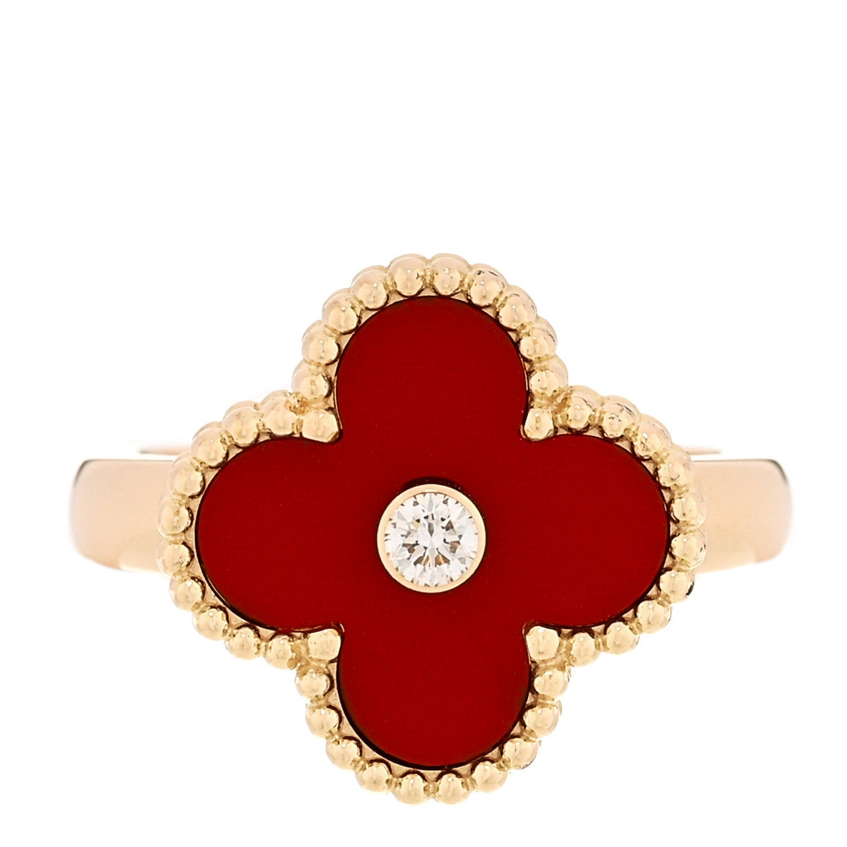 Van Cleef & Arpels 18K Yellow Gold Diamond Carnelian Vintage Alhambra Ring 52 6