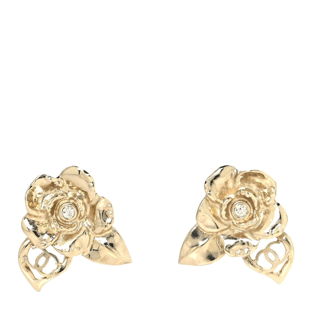 Chanel Crystal CC Camelia Earrings Gold