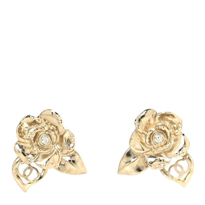 Chanel Crystal CC Camelia Earrings Gold
