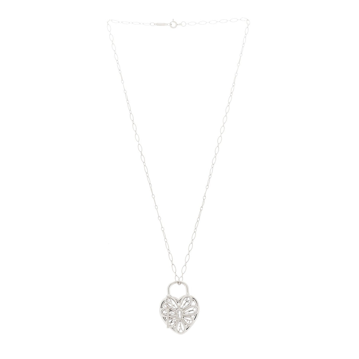 Tiffany Sterling Silver Large Filigree Heart Lock Key Pendant Necklace