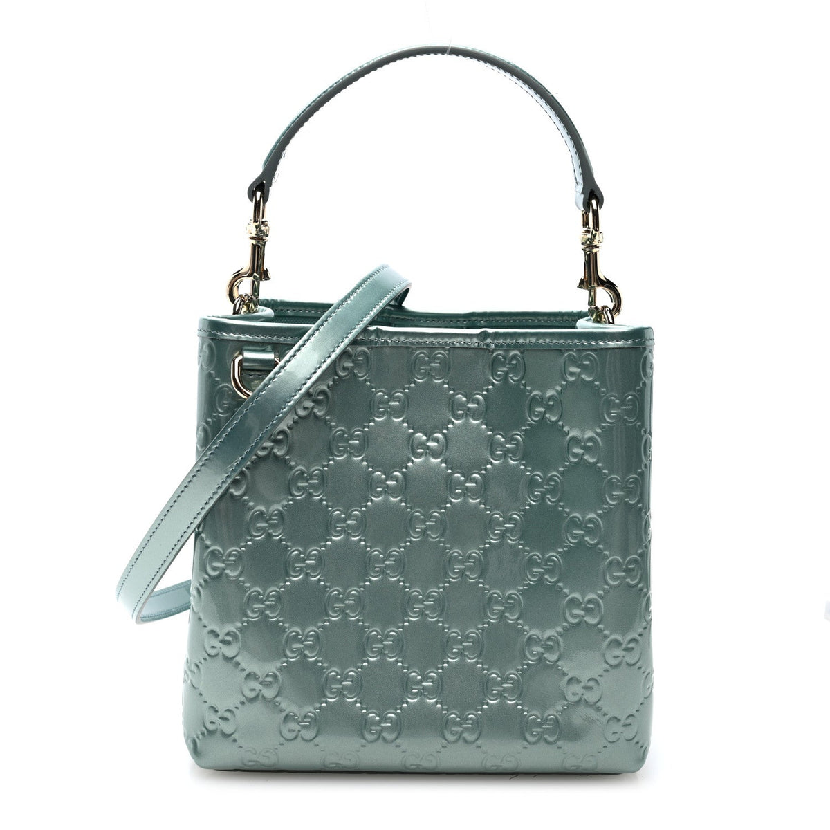 Gucci Patent GG Emblem Small Bucket Bag Light Blue