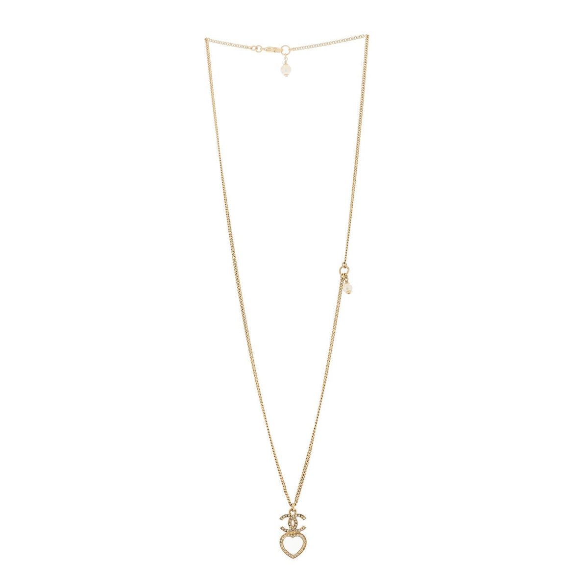 Chanel Crystal Pearl CC Heart Drop Chain Necklace Gold