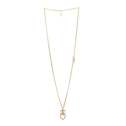 Chanel Crystal Pearl CC Heart Drop Chain Necklace Gold