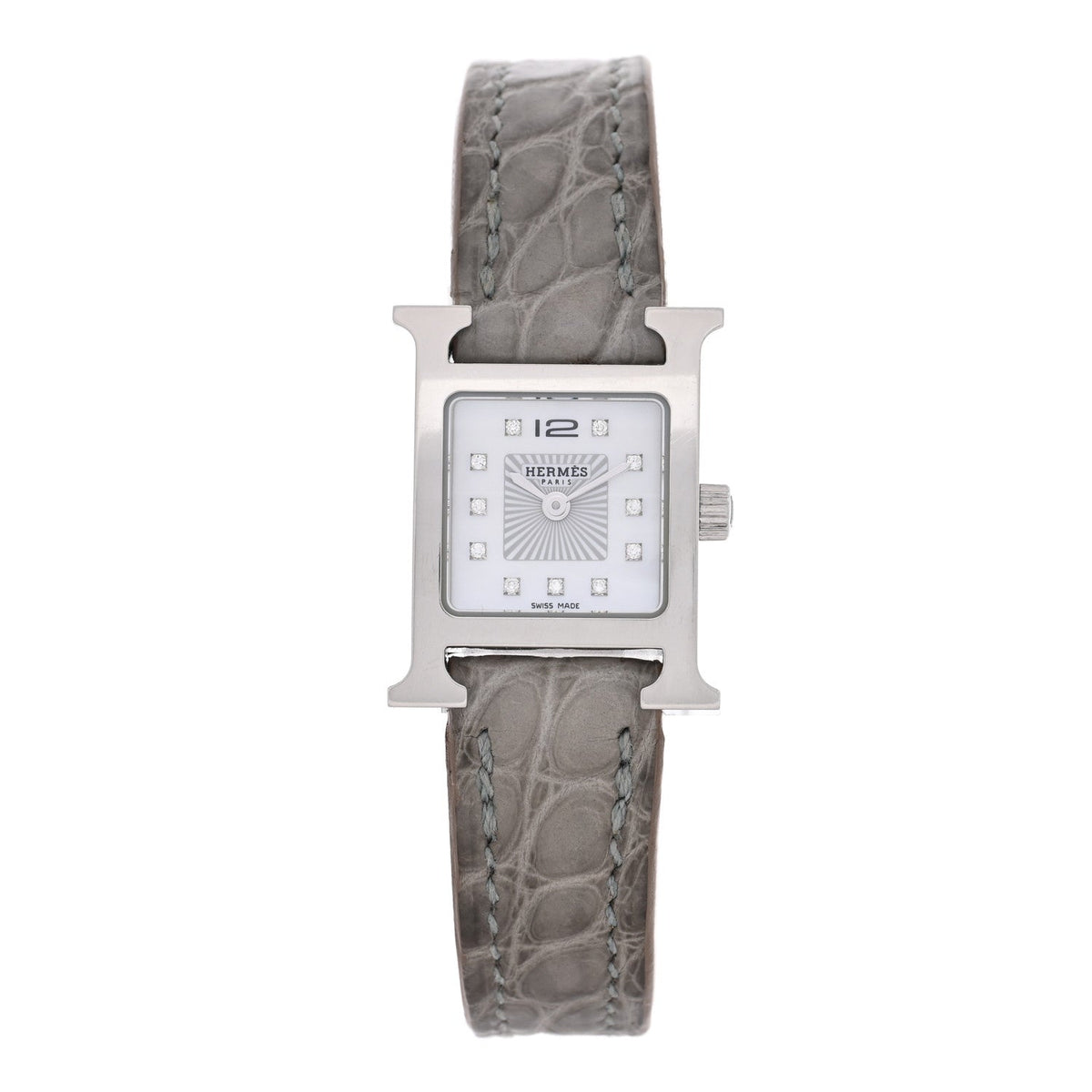 Hermes Stainless Steel Diamond 17.2mm Heure H Watch Gris Perle
