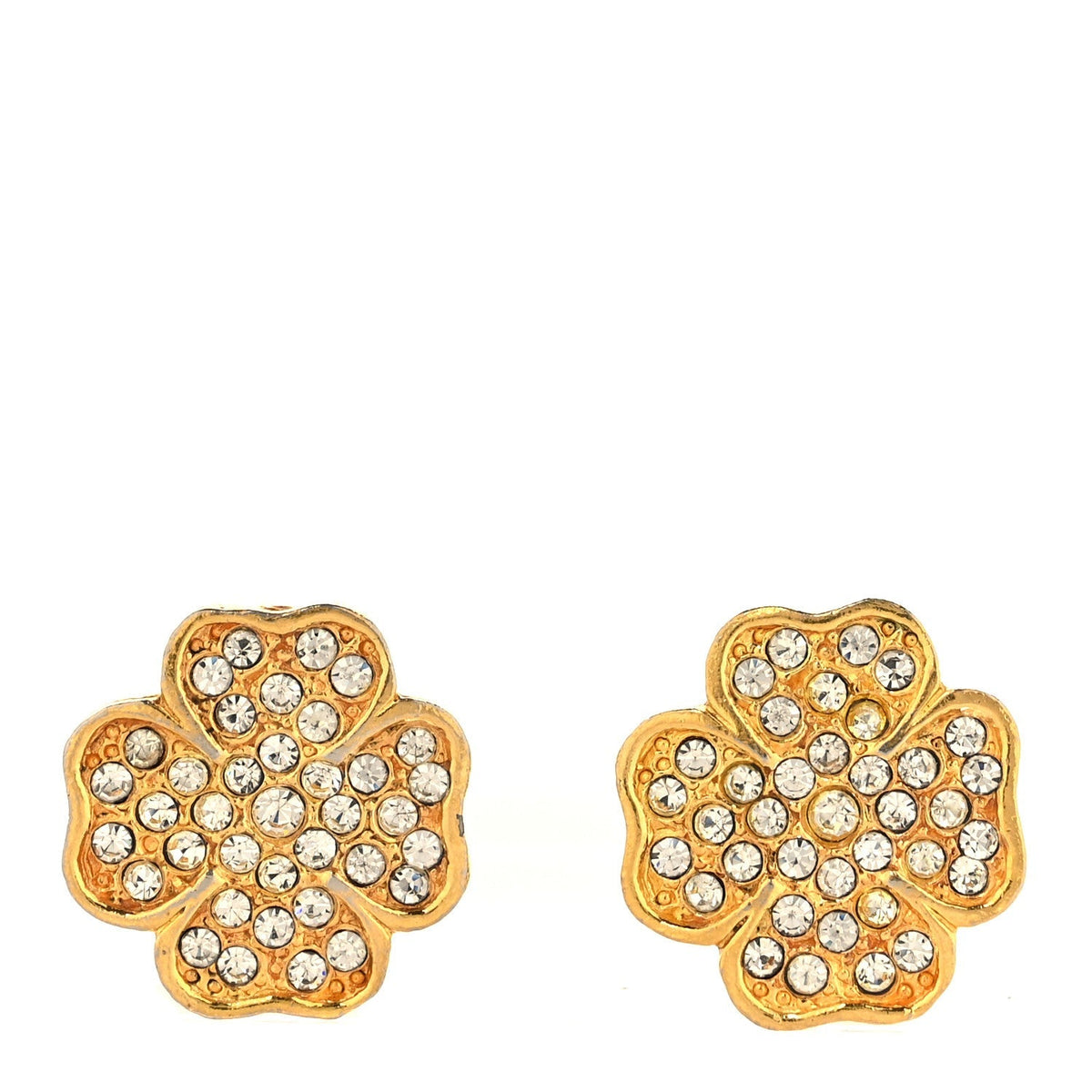 Chanel Metal Crystal Clover Clip On Earrings Gold