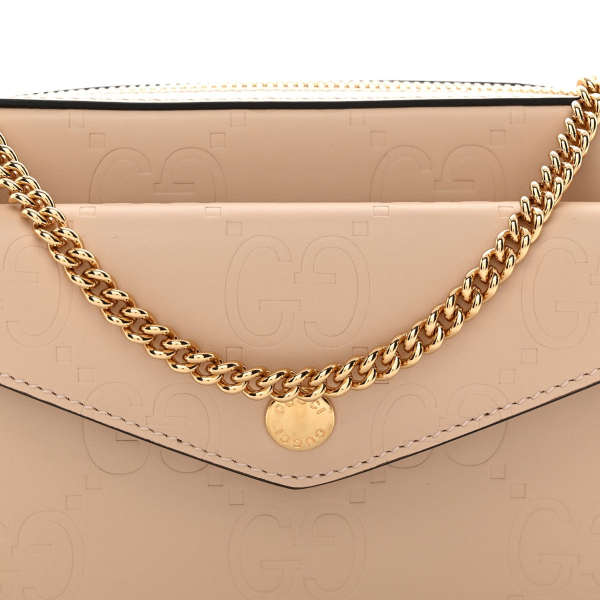 Gucci Calfskin GG Super Mini Debossed Chain Wallet Light Beige