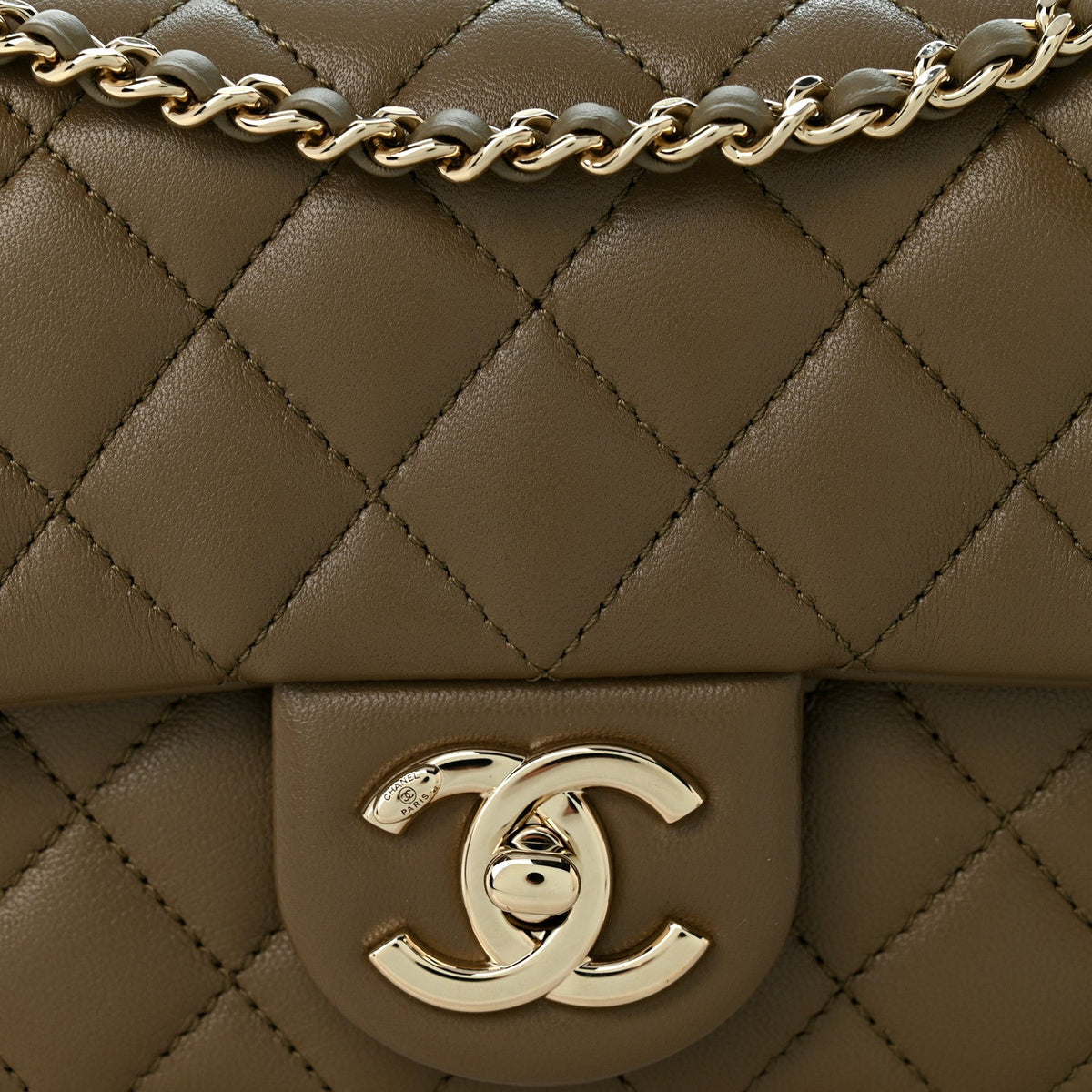 Chanel Lambskin Quilted Mini Rectangular CC Slide Flap Bag Dark Khaki