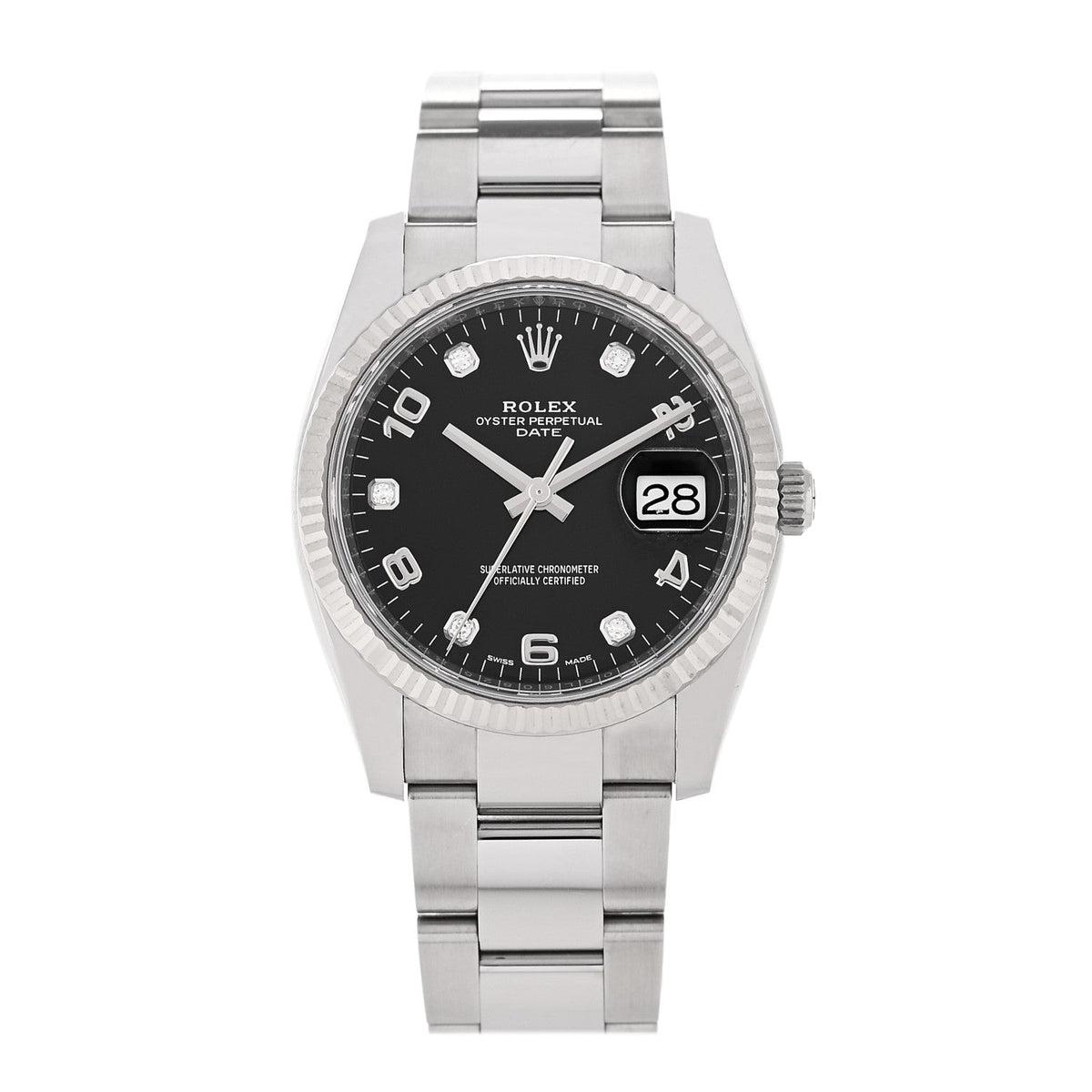 Rolex Stainless Steel 18K White Gold Diamond 34mm Oyster Perpetual Date Watch Black 115234