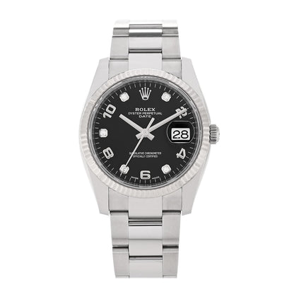 Rolex Stainless Steel 18K White Gold Diamond 34mm Oyster Perpetual Date Watch Black 115234