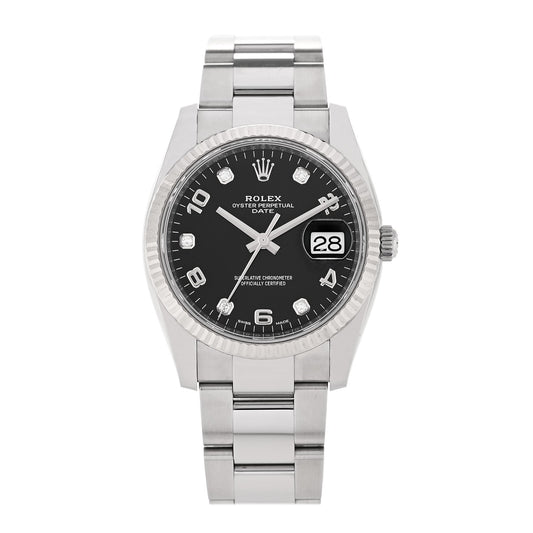 Rolex Stainless Steel 18K White Gold Diamond 34mm Oyster Perpetual Date Watch Black 115234