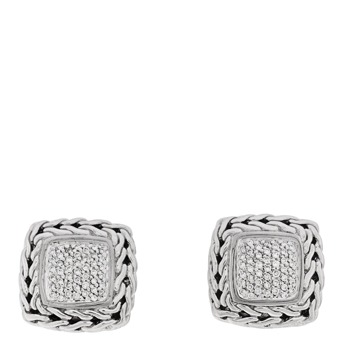 John Hardy Sterling Silver 18K Yellow Gold Diamond Classic Chain Square Earrings