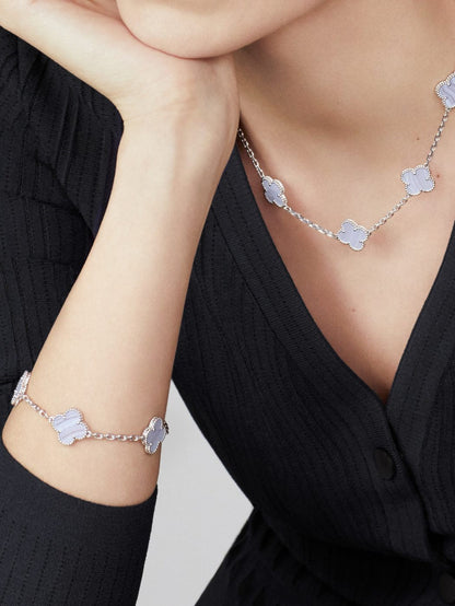 18K White Gold Chalcedony VCA Vintage Alhambra Bracelet 5 Motifs