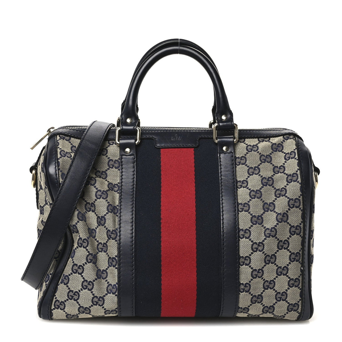 Gucci Monogram Selleria Calfskin Vintage Web Medium Boston Beige Blue