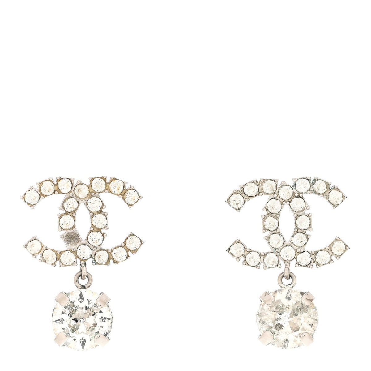 Chanel Crystal CC Drop Earrings Silver