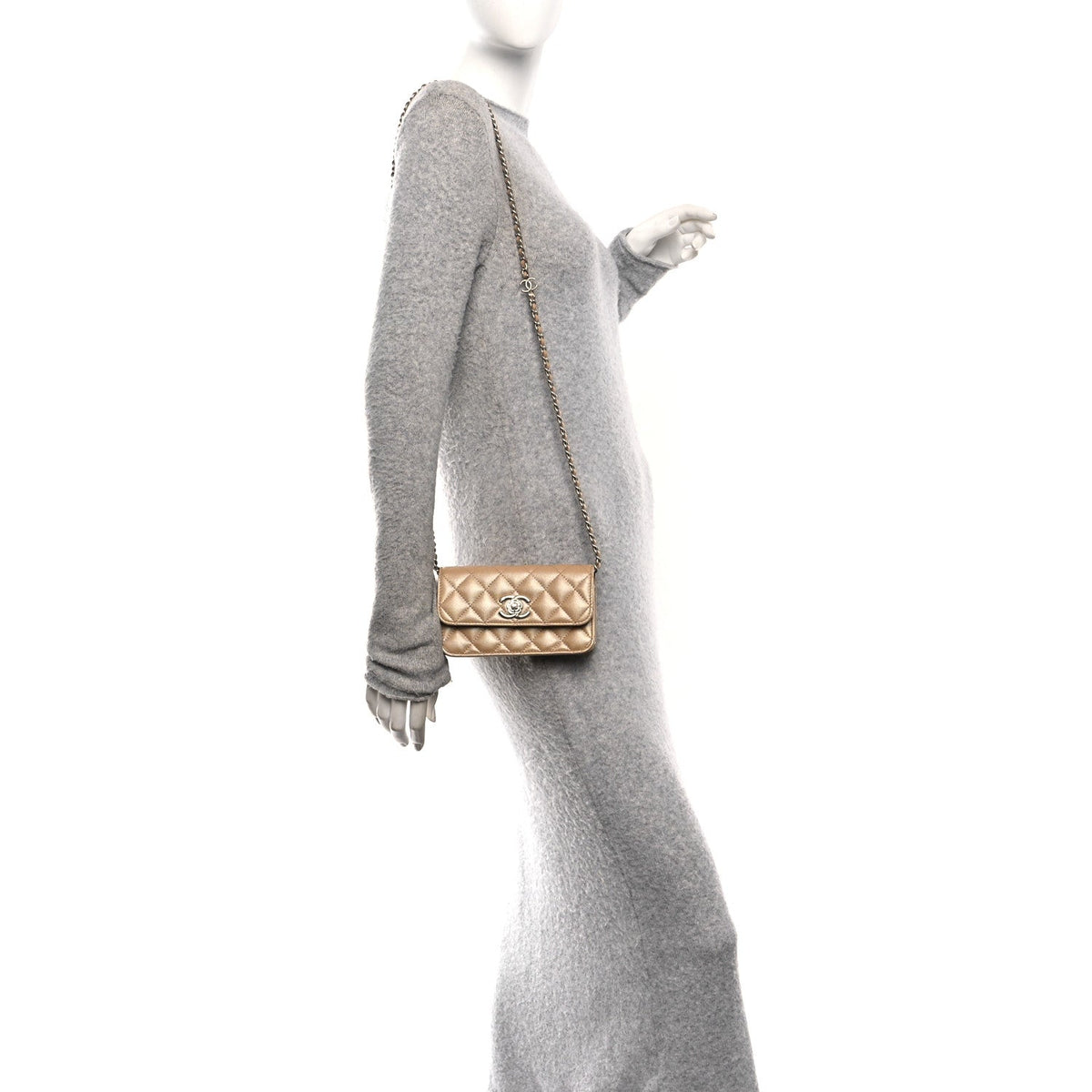 Chanel Iridescent Caviar Camellia Phone Holder With Chain Beige
