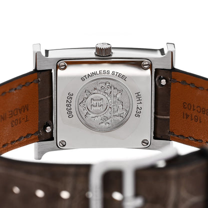 Hermes Stainless Steel Alligator Diamond 21mm Heure H Watch Gris Elephant