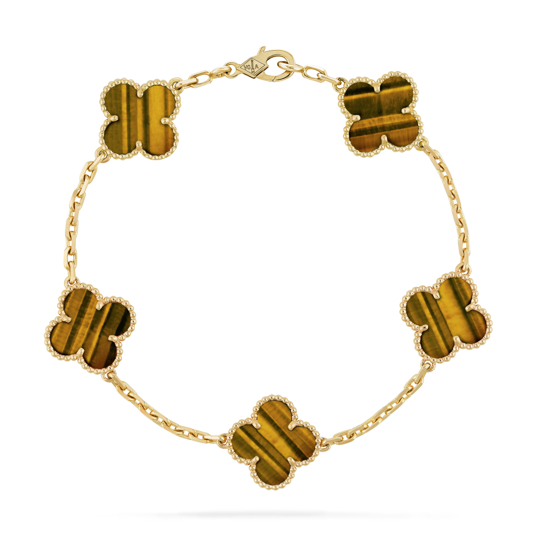 18K Yellow Gold Tiger Eye VCA Vintage Alhambra Bracelet 5 Motifs