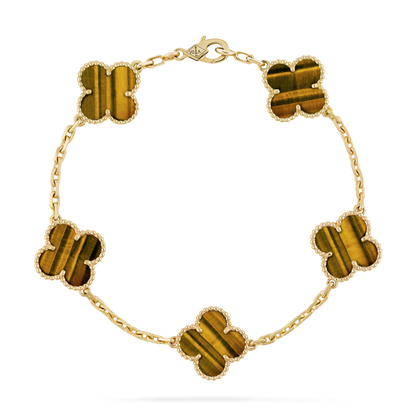 18K Yellow Gold Tiger Eye VCA Vintage Alhambra Bracelet 5 Motifs