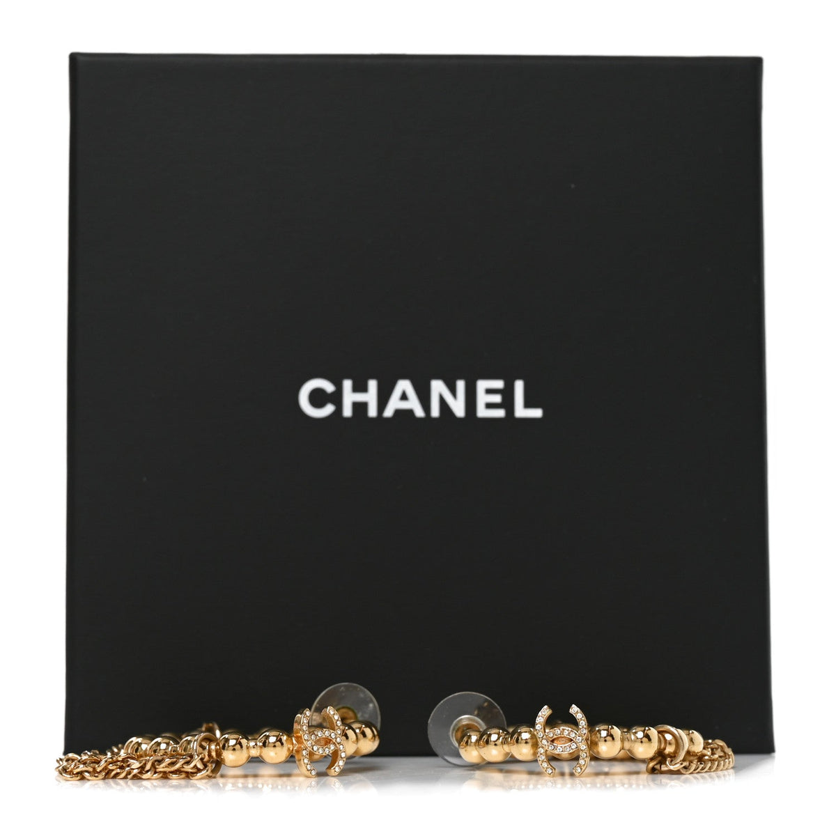 Chanel Metal Crystal Bead Chain CC Hoop Earrings Gold