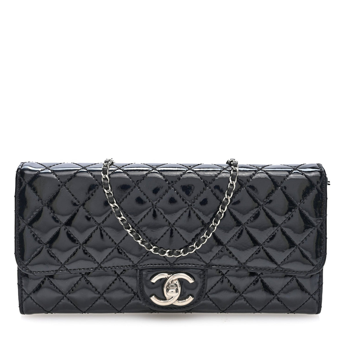 Chanel Patent Calfskin Quilted Flap Clutch With Chain Black