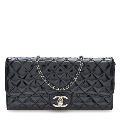 Chanel Patent Calfskin Quilted Flap Clutch With Chain Black