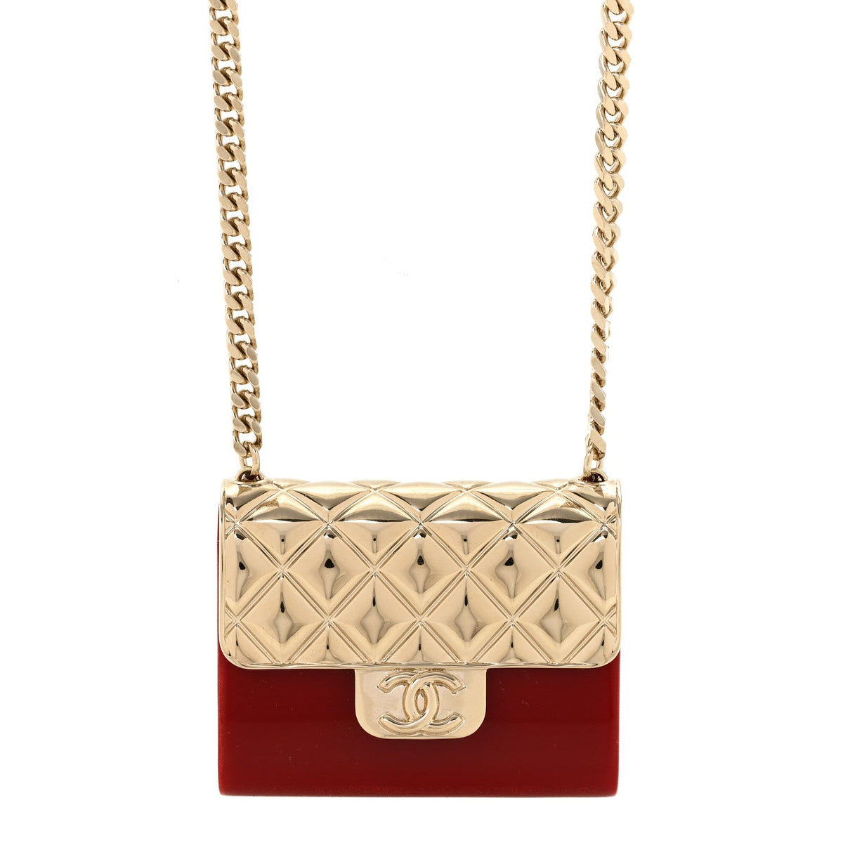 Chanel Metal Resin Flap Bag Long Necklace Gold Red
