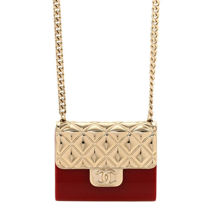 Chanel Metal Resin Flap Bag Long Necklace Gold Red