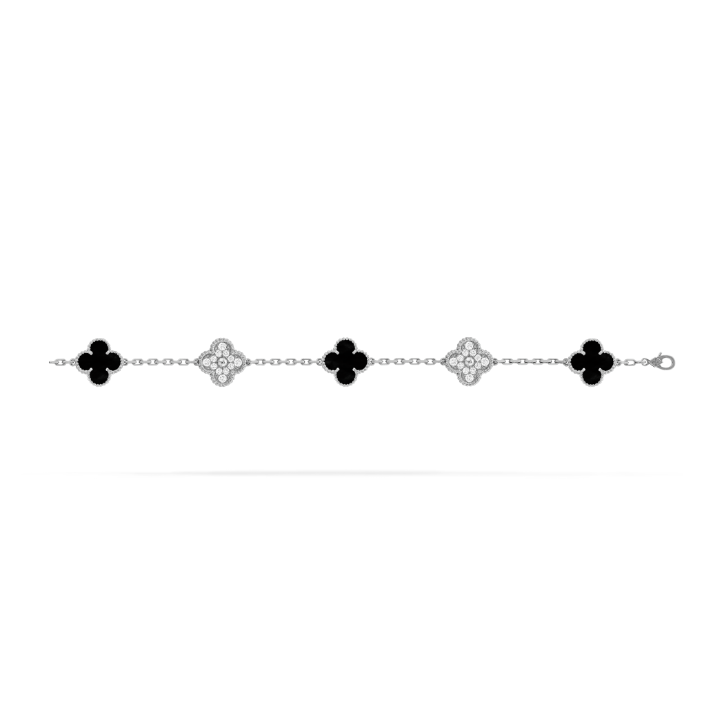 18K Rose Gold Onyx Diamond VCA Vintage Alhambra 5 Motifs Bracelet