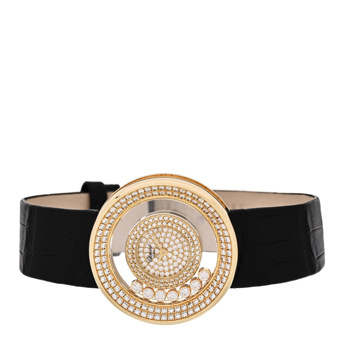 Chopard 18K Yellow Gold Alligator Diamond 30mm Happy Diamonds Watch