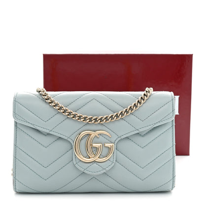 Gucci Calfskin Matelasse GG Marmont Chain Wallet Light Blue