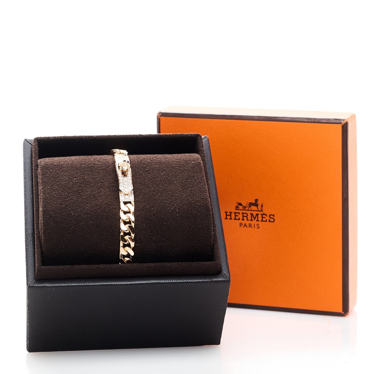 Hermes 18K Rose Gold Diamond PM Kelly Gourmette Bracelet XL