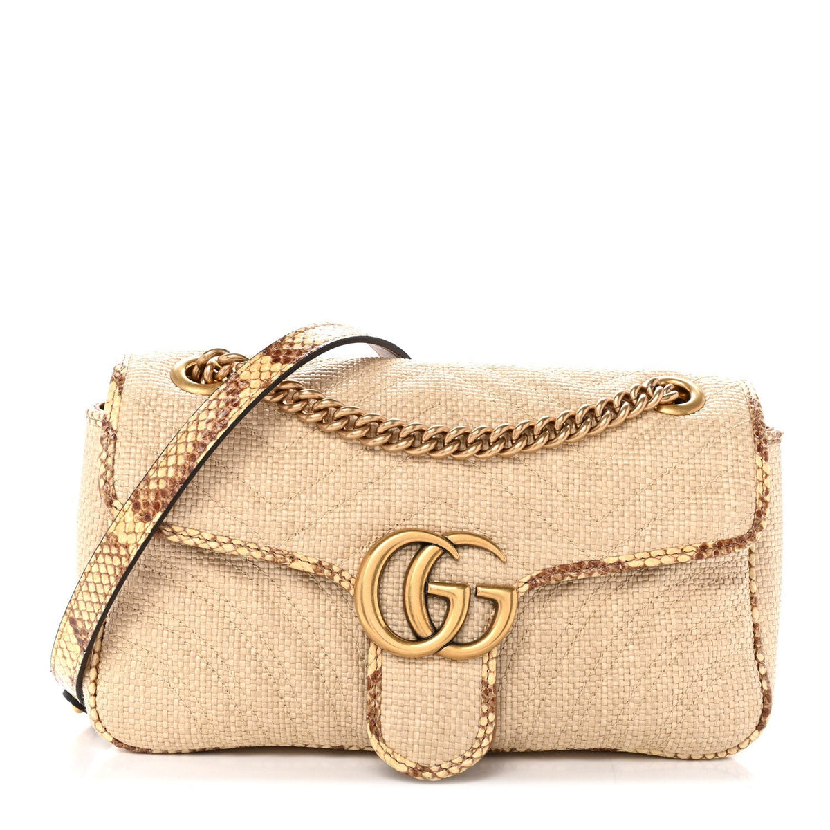 Gucci Raffia Elaphe Matelasse Small GG Marmont Shoulder Bag Natural Cream Brown